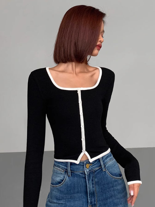 Square Neck Contrast Trim Long Sleeve Knit Shirt-Massicos