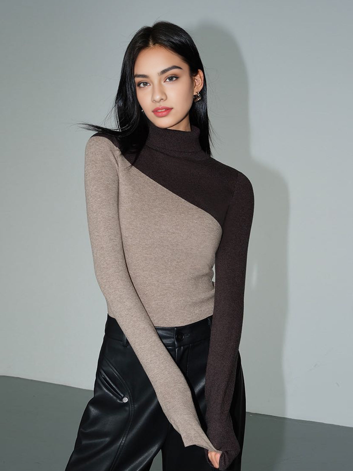 Asymmetric Patchwork Long Sleeve Mock Neck Knit Top-Massicos
