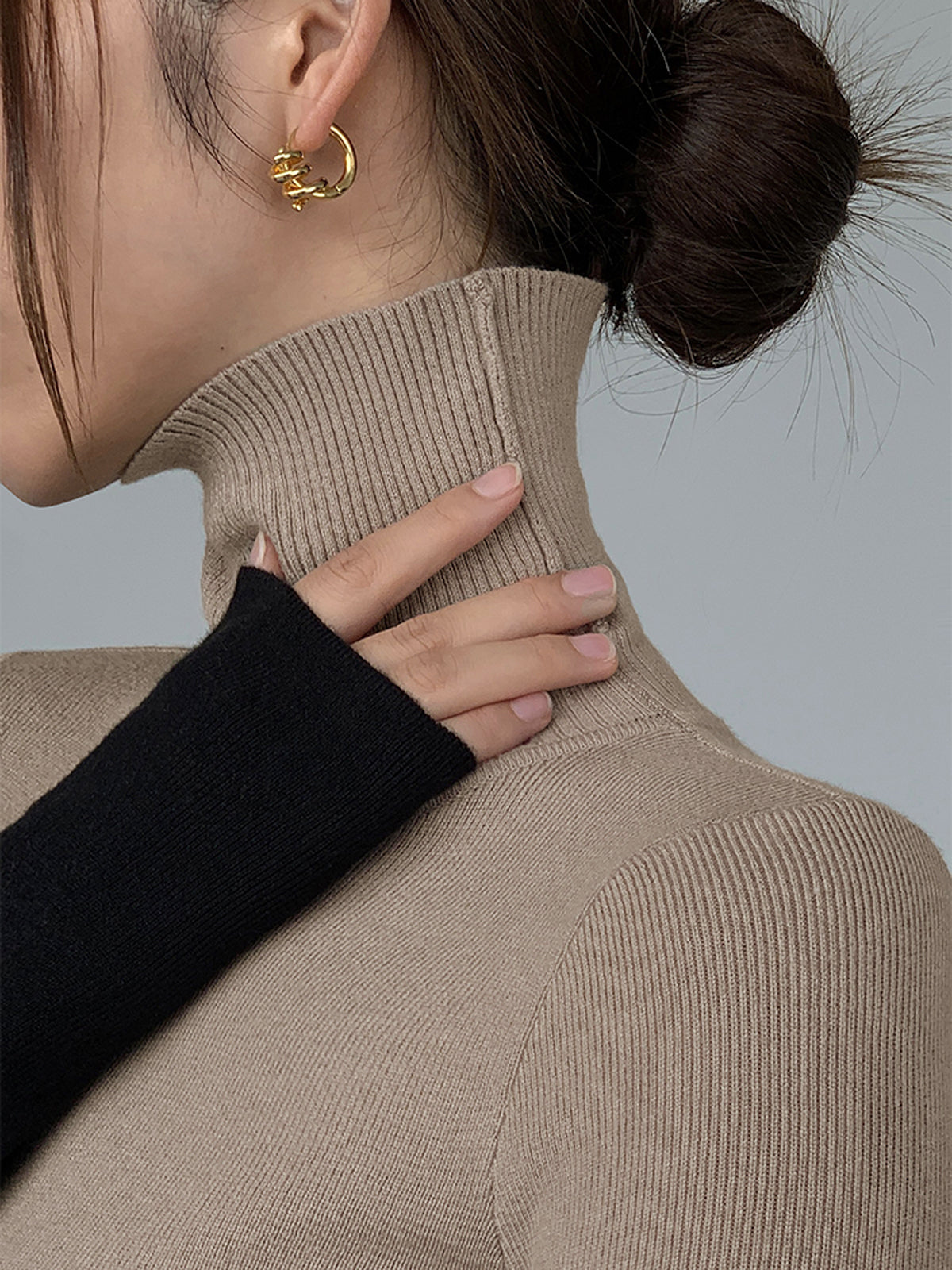 Asymmetric Patchwork Long Sleeve Mock Neck Knit Top-Massicos