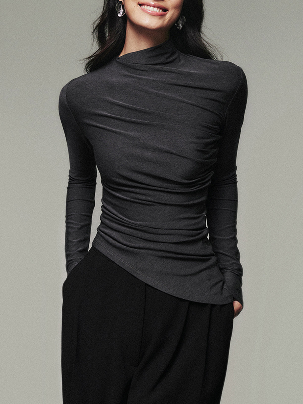 Asymmetric Collar Draped Long Sleeve Shirt-Massicos