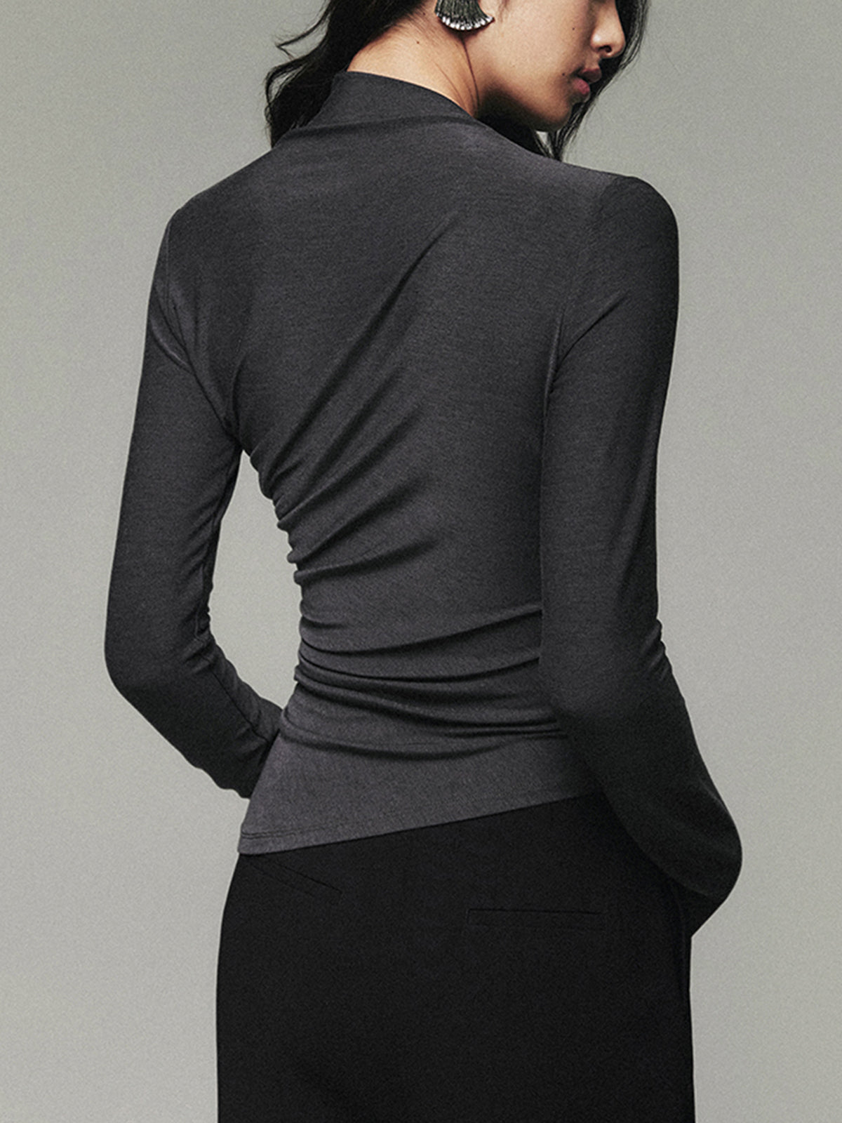 Asymmetric Collar Draped Long Sleeve Shirt-Massicos