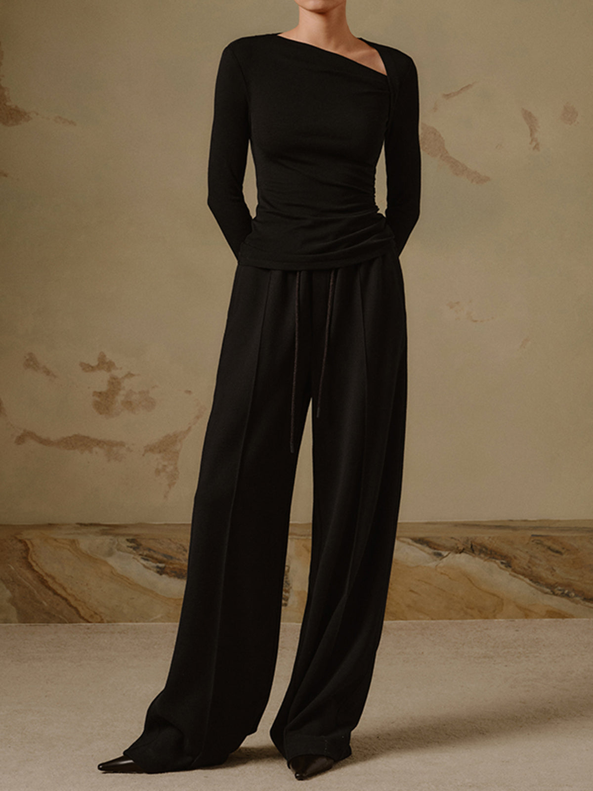 Ribbed Knit Long Sleeve Asymmetric Shirt-Massicos