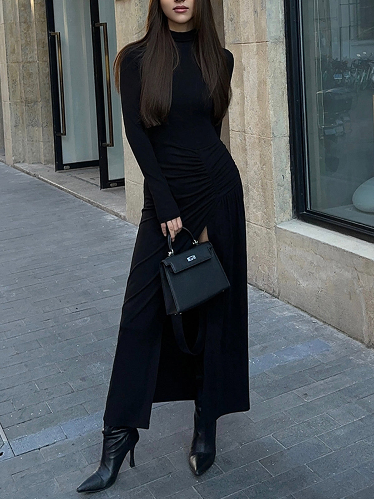 Slit Pleated Long Sleeve Bodycon Mock Neck Long Dress-Massicos
