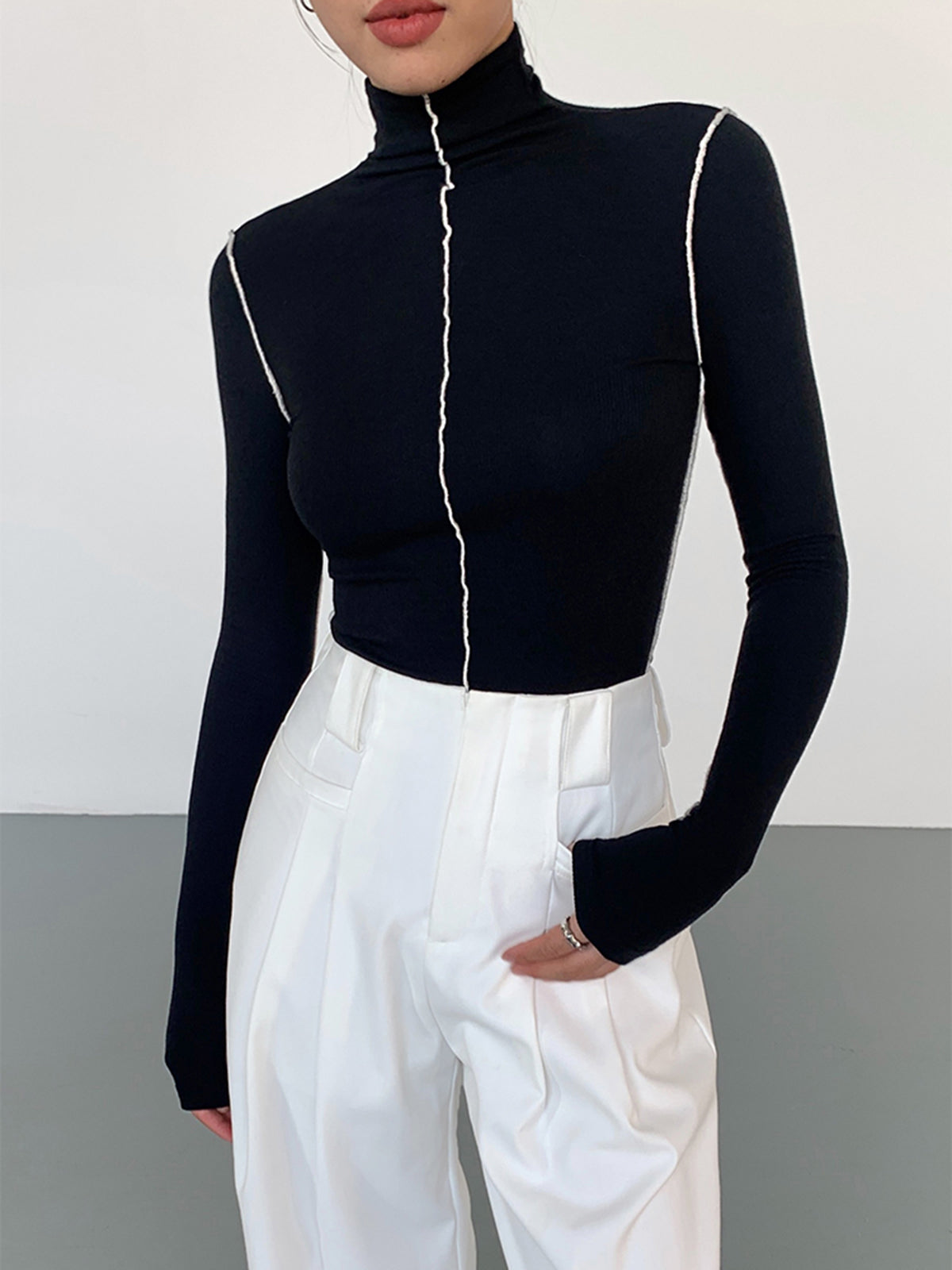 Slinky Turtleneck Contrast Trim Ribbed Knit Shirt-Massicos