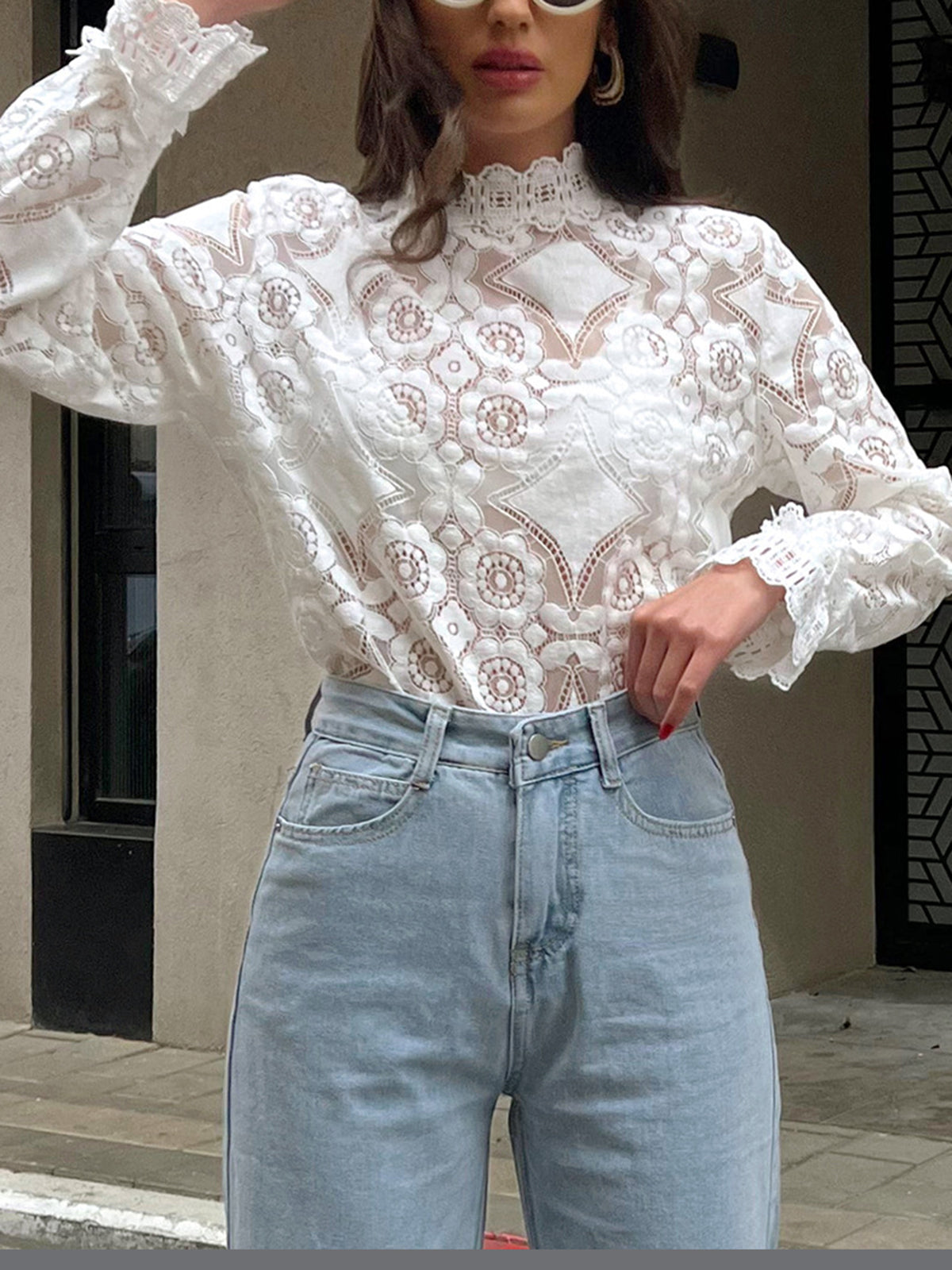 Semi-Sheer Lace Embroidery Floral Mock Neck T-Shirt-Massicos