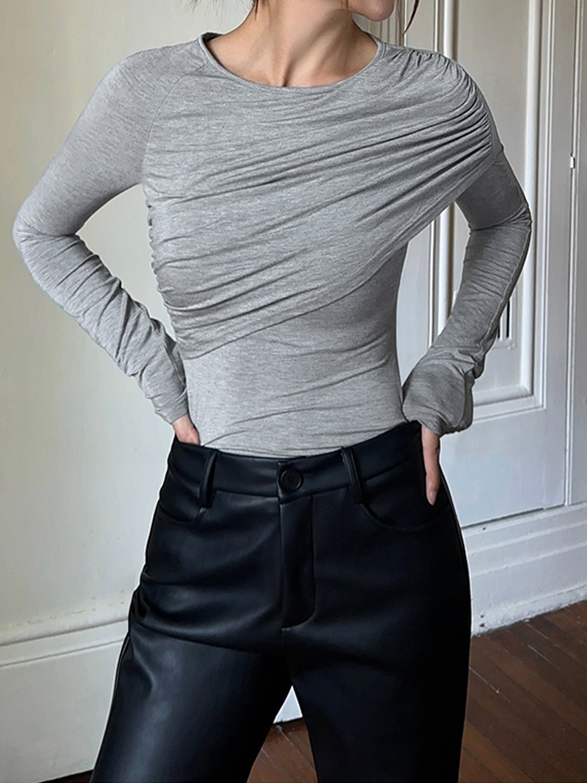 Layered Long Sleeve Pleated Shirt-Massicos