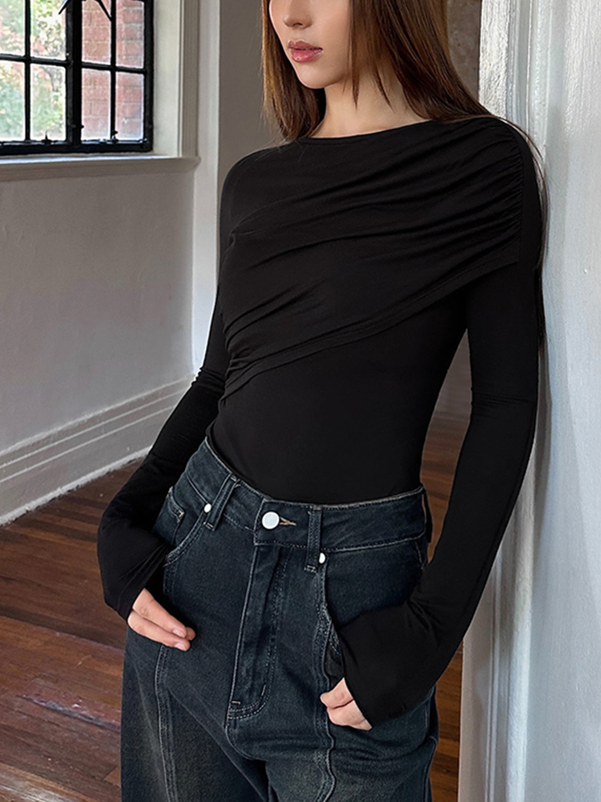 Layered Long Sleeve Pleated Shirt-Massicos