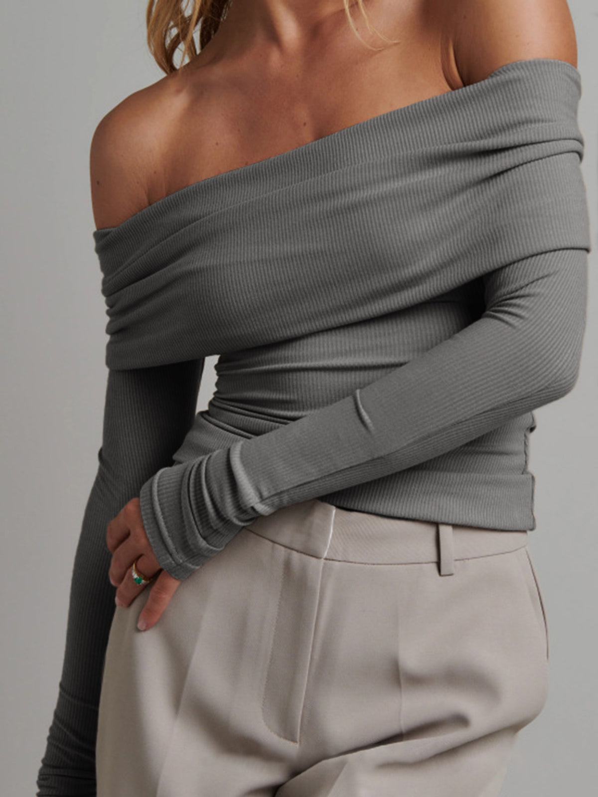 Off Shoulder Overfold Long Sleeve Crop Shirt-Massicos