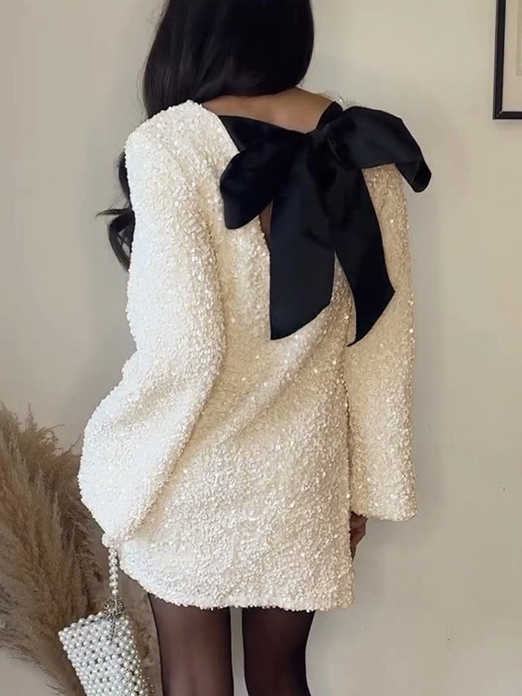 Sequins Velvet Bowknot Mini Dress-Massicos