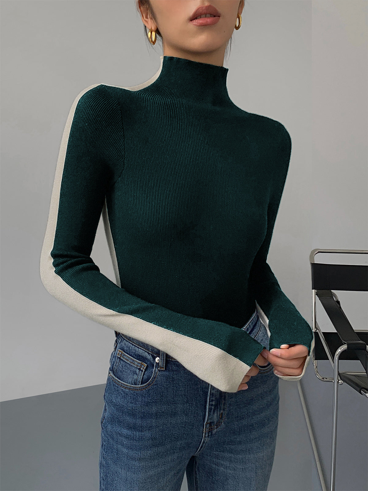 Two Tone Double Sided Long Sleeve Knit Top-Massicos