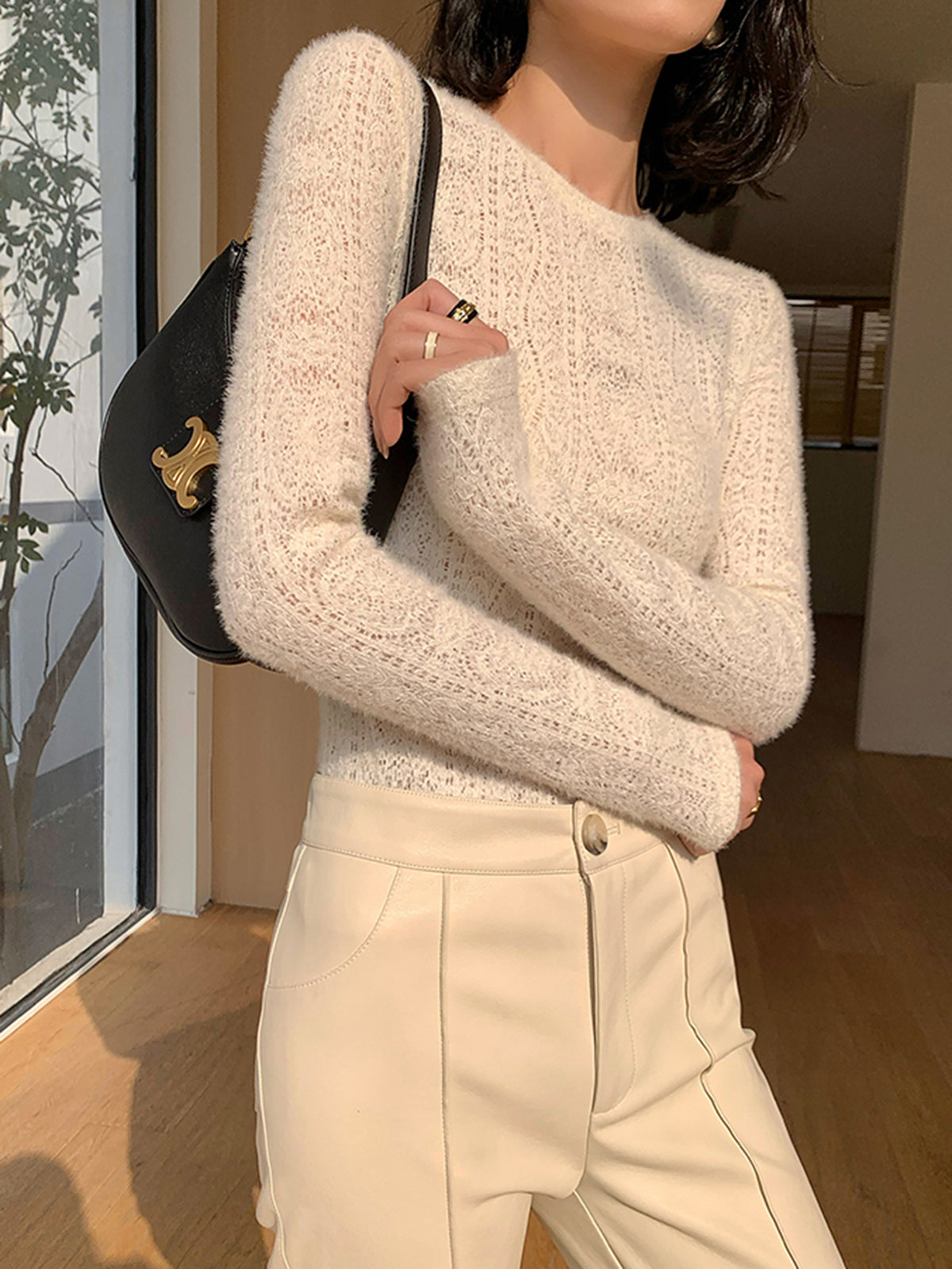Floral Hollow Knit Crew Neck Long Sleeve Top-Massicos