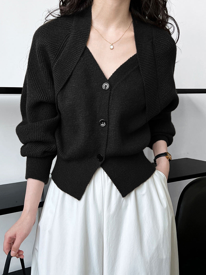 Patchwork V-neck Button Sweater-Massicos