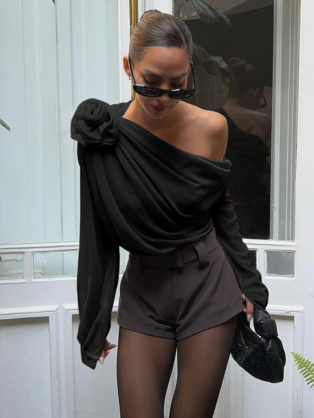 Chiffon Semi-Sheer One Shoulder Asymmetrical Blouse-Massicos
