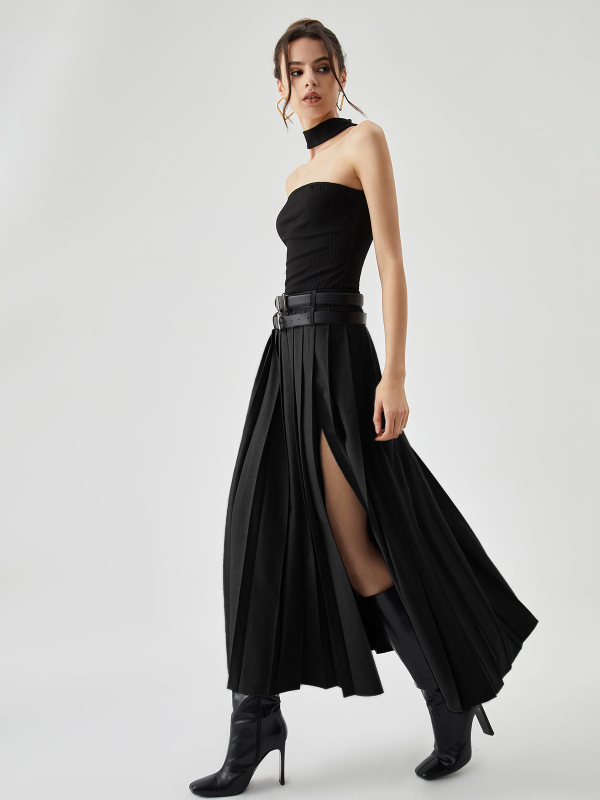 Pleated Split Maxi Skirt Without Belt-Massicos