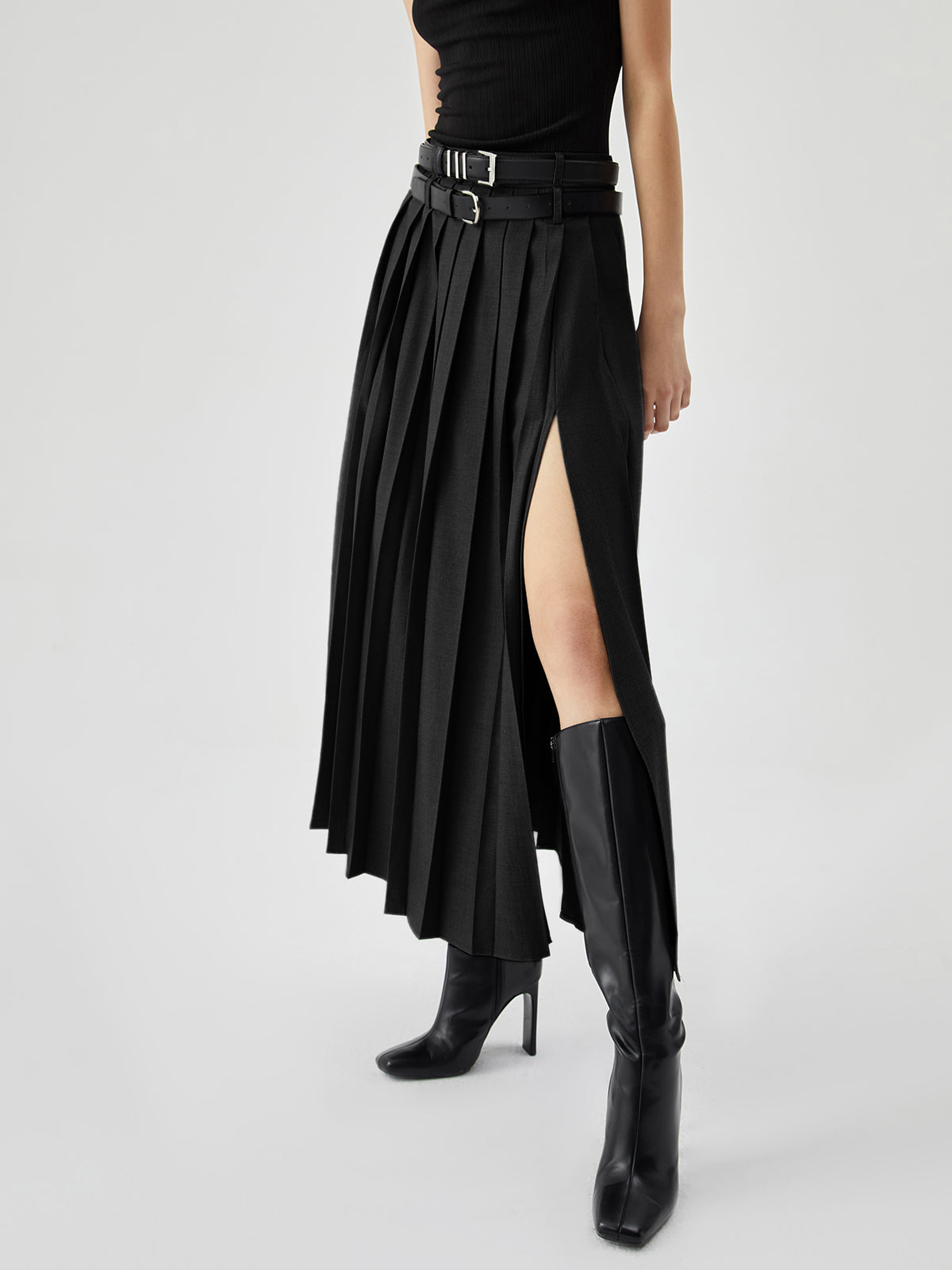 Pleated Split Maxi Skirt Without Belt-Massicos