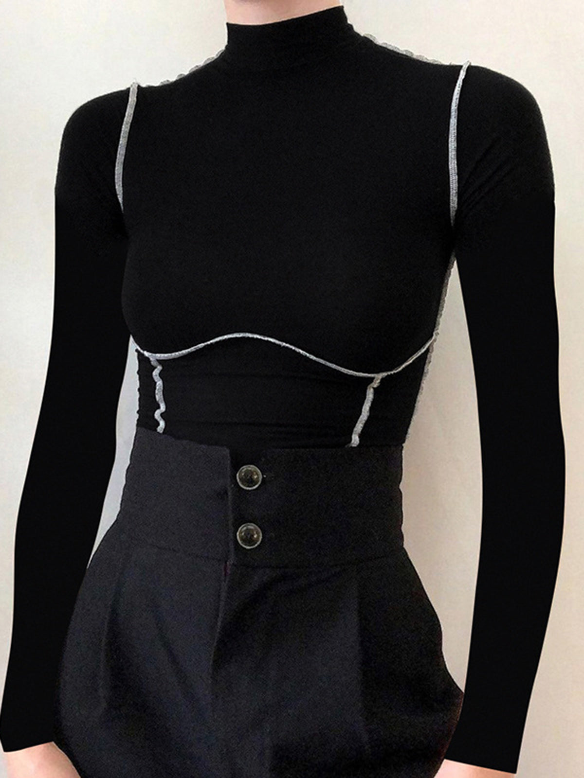Contrast Trim Mock Neck Long Sleeve Top-Massicos
