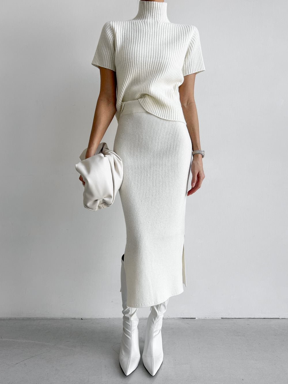 Solid High Neck Split Ribbed Knit Two Pieces Skirt Set-Massicos