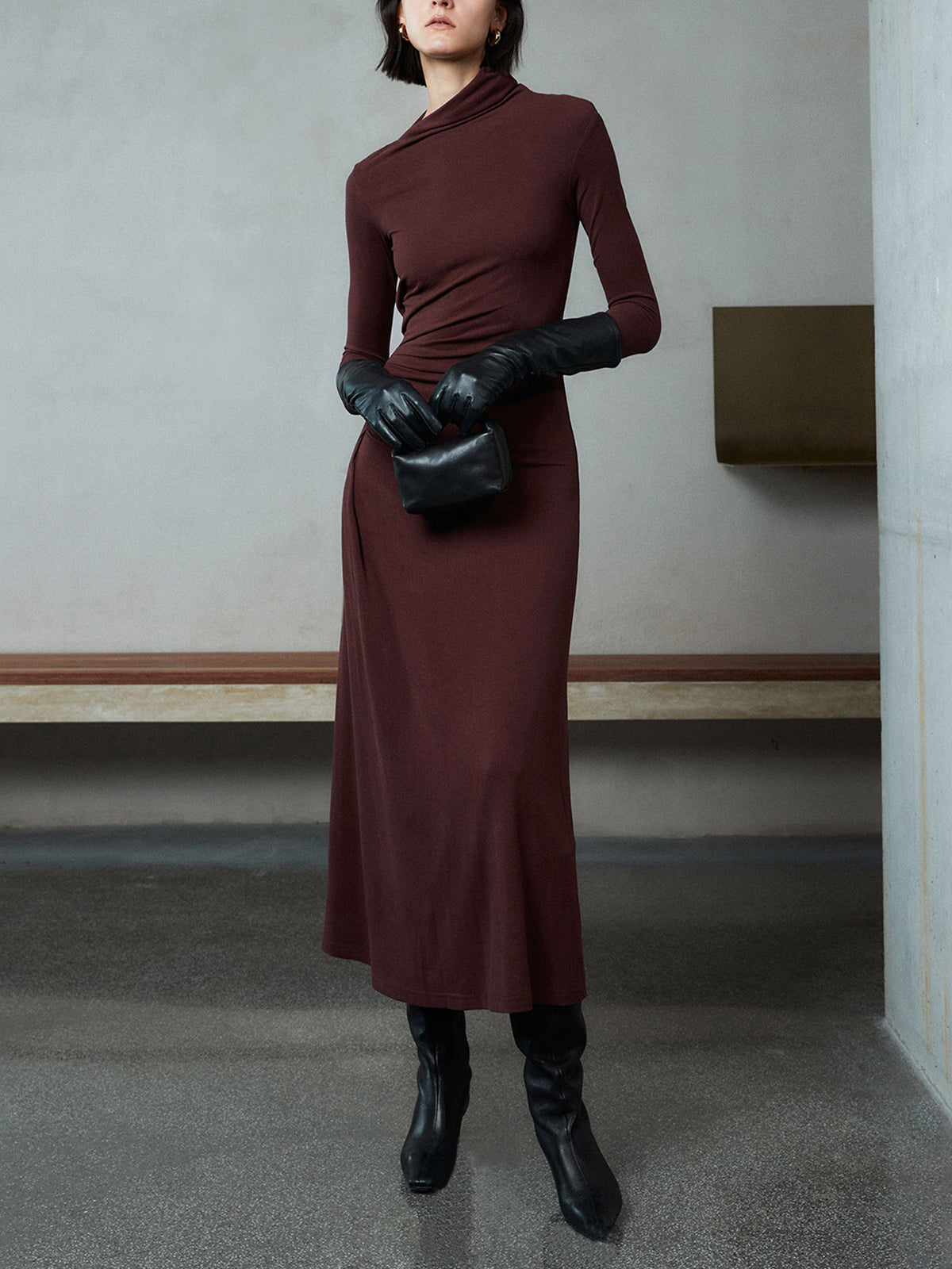 Bodycon Asymmetrical Neck Long Sleeve Ruched Maxi Dress-Massicos