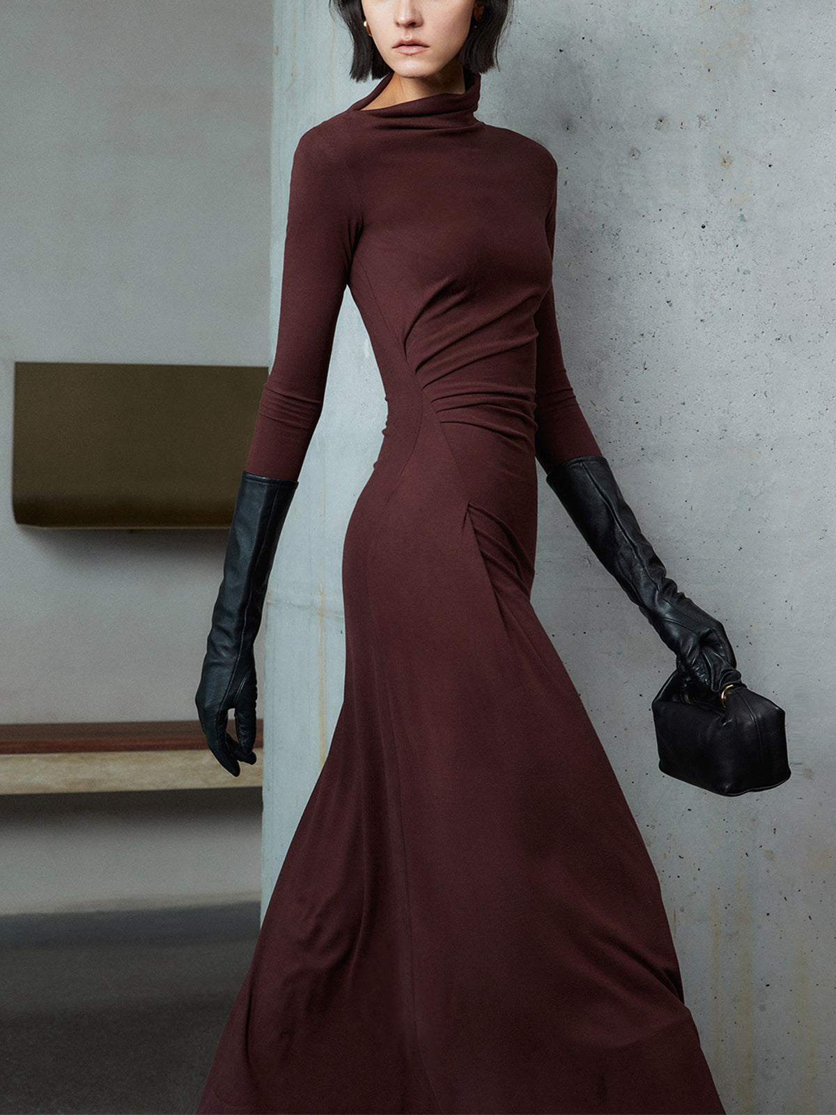 Bodycon Asymmetrical Neck Long Sleeve Ruched Maxi Dress-Massicos