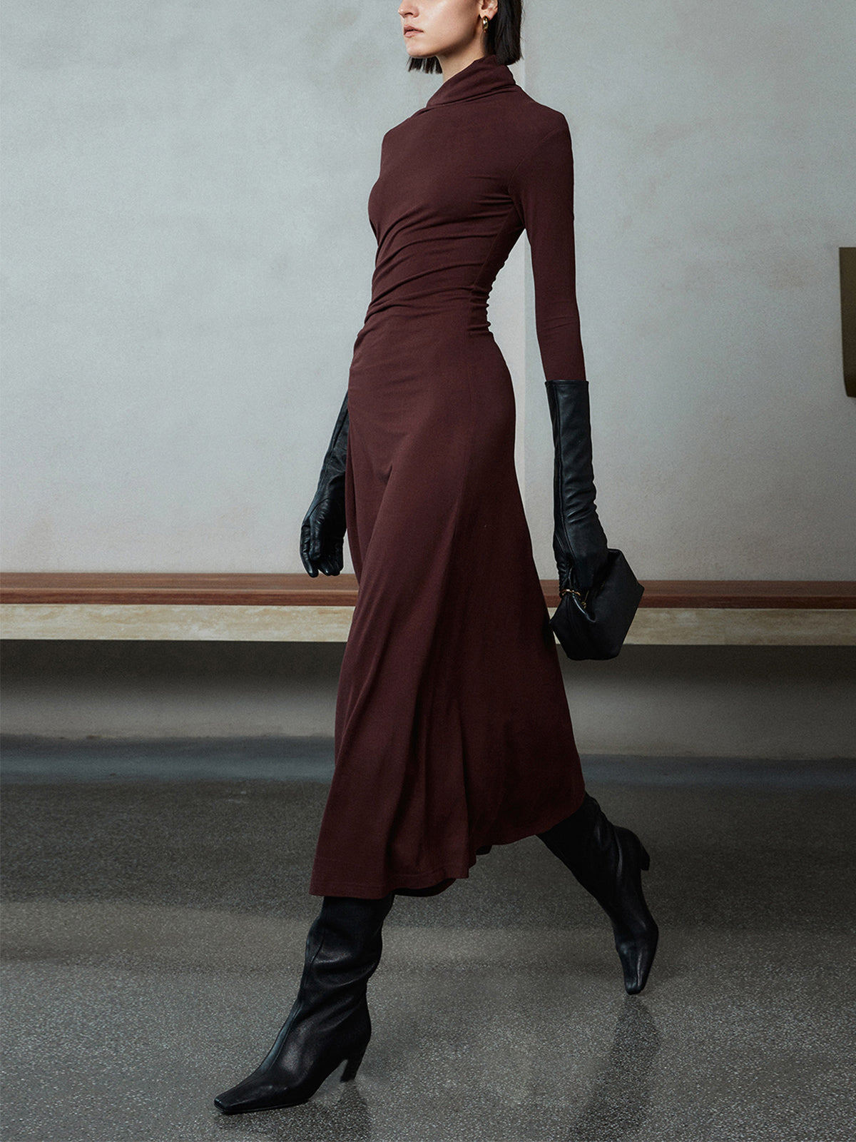 Bodycon Asymmetrical Neck Long Sleeve Ruched Maxi Dress-Massicos