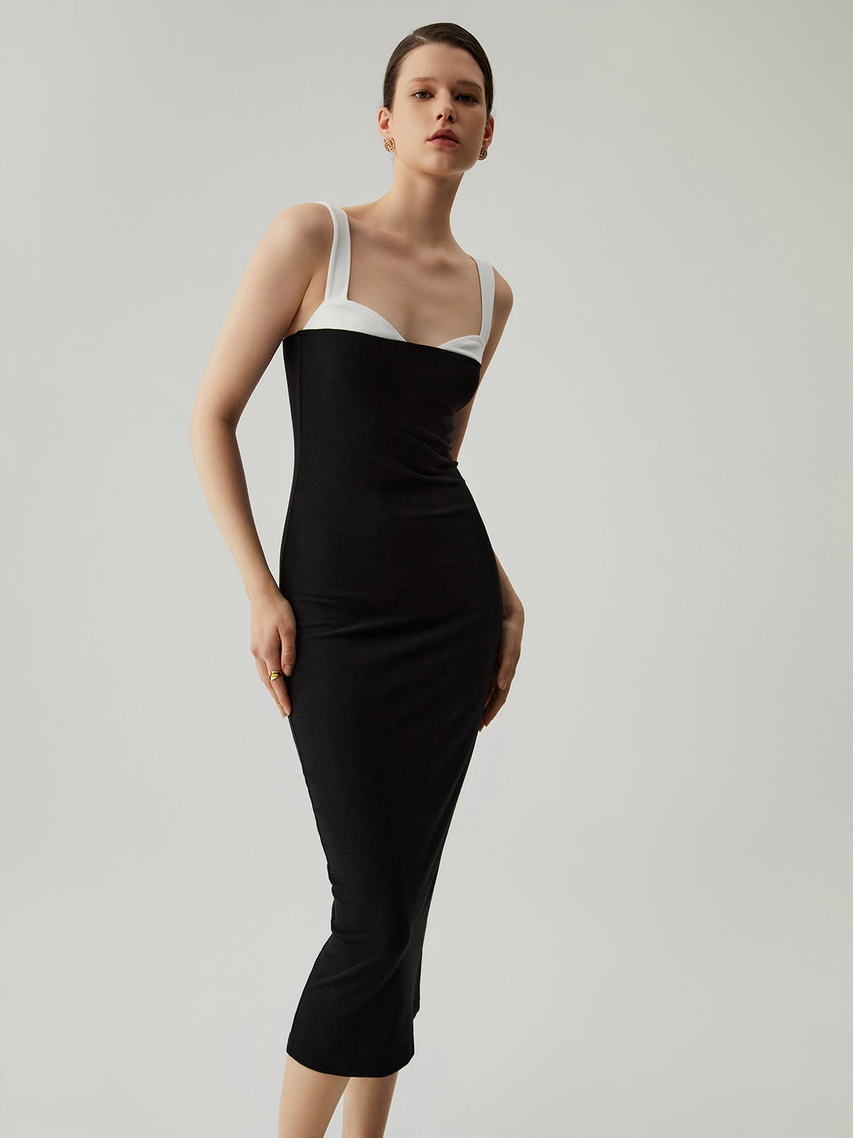 Bodycon Patchwork Sweetheart Collar Cami Midi Dress-Massicos