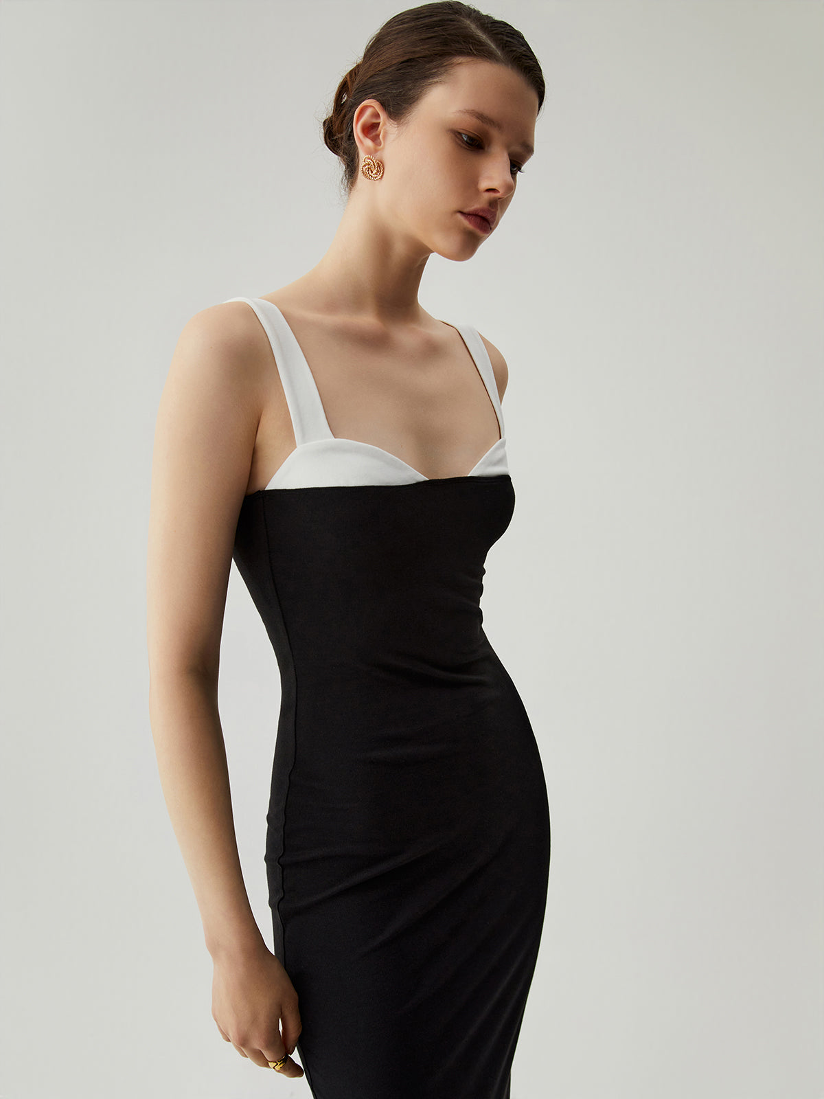 Bodycon Patchwork Sweetheart Collar Cami Midi Dress-Massicos