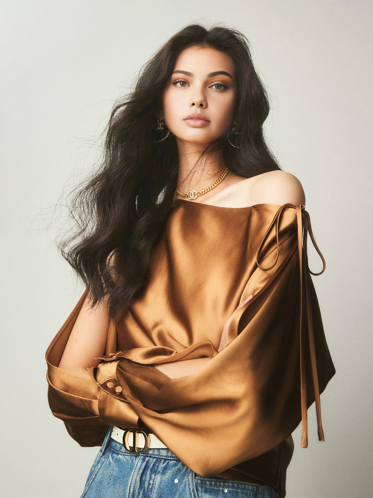 Satin Asymmetrical Cold Shoulder Tied Blouse-Massicos