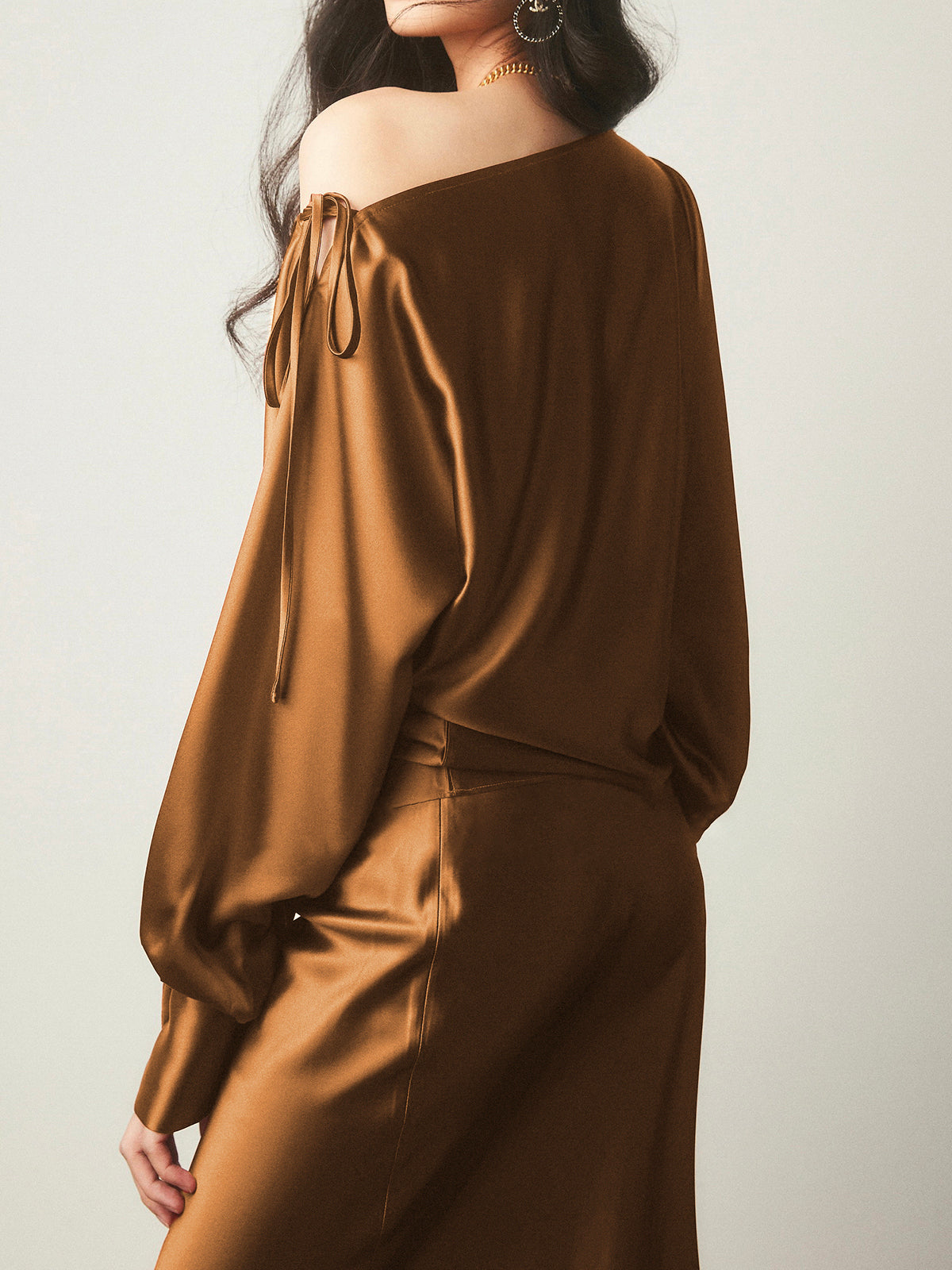 Satin Asymmetrical Cold Shoulder Tied Blouse-Massicos