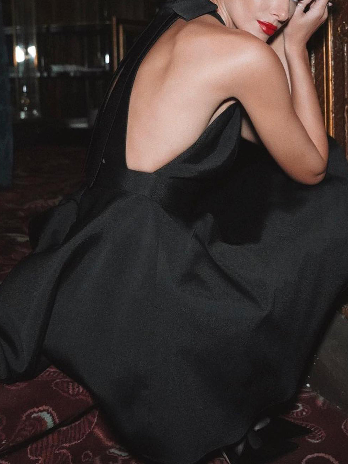 Satin Knotted Doule Pockets Open Back Pleated Mini Dress-Massicos