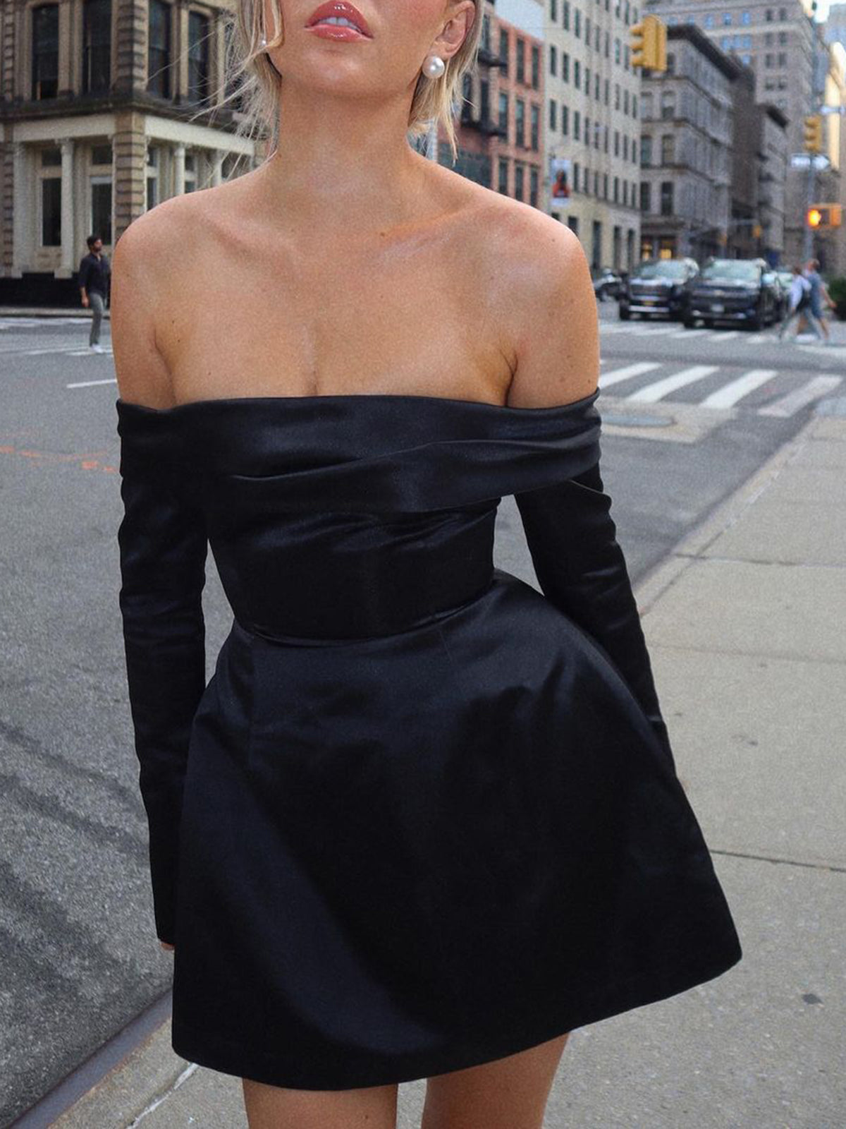 Off Shoulder Long Sleeve Overfold Mini Dress-Massicos