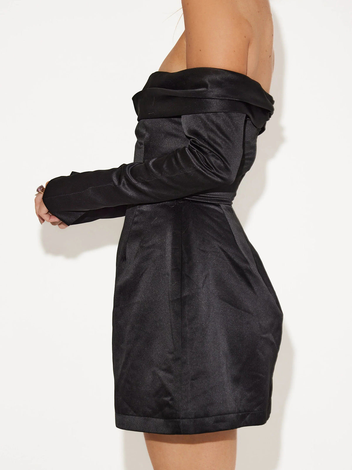 Off Shoulder Long Sleeve Overfold Mini Dress-Massicos