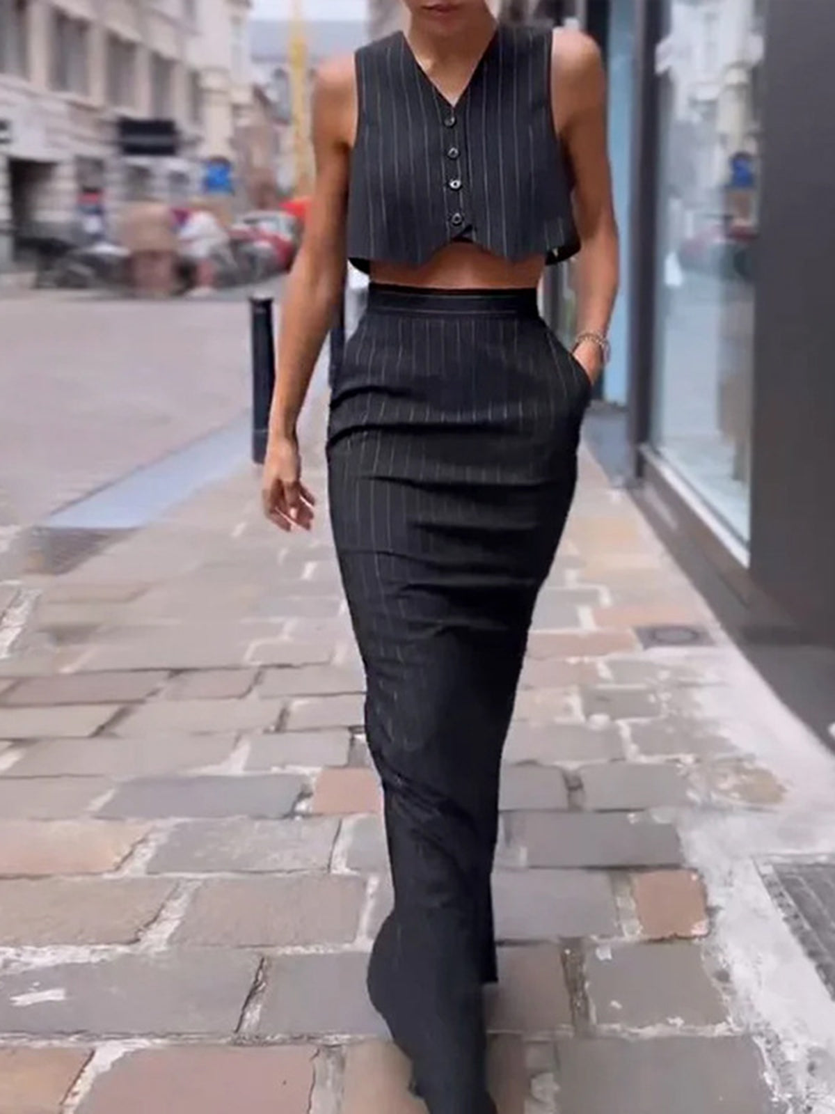 Pinstripe Button Crop Two Pieces Skirt Set-Massicos