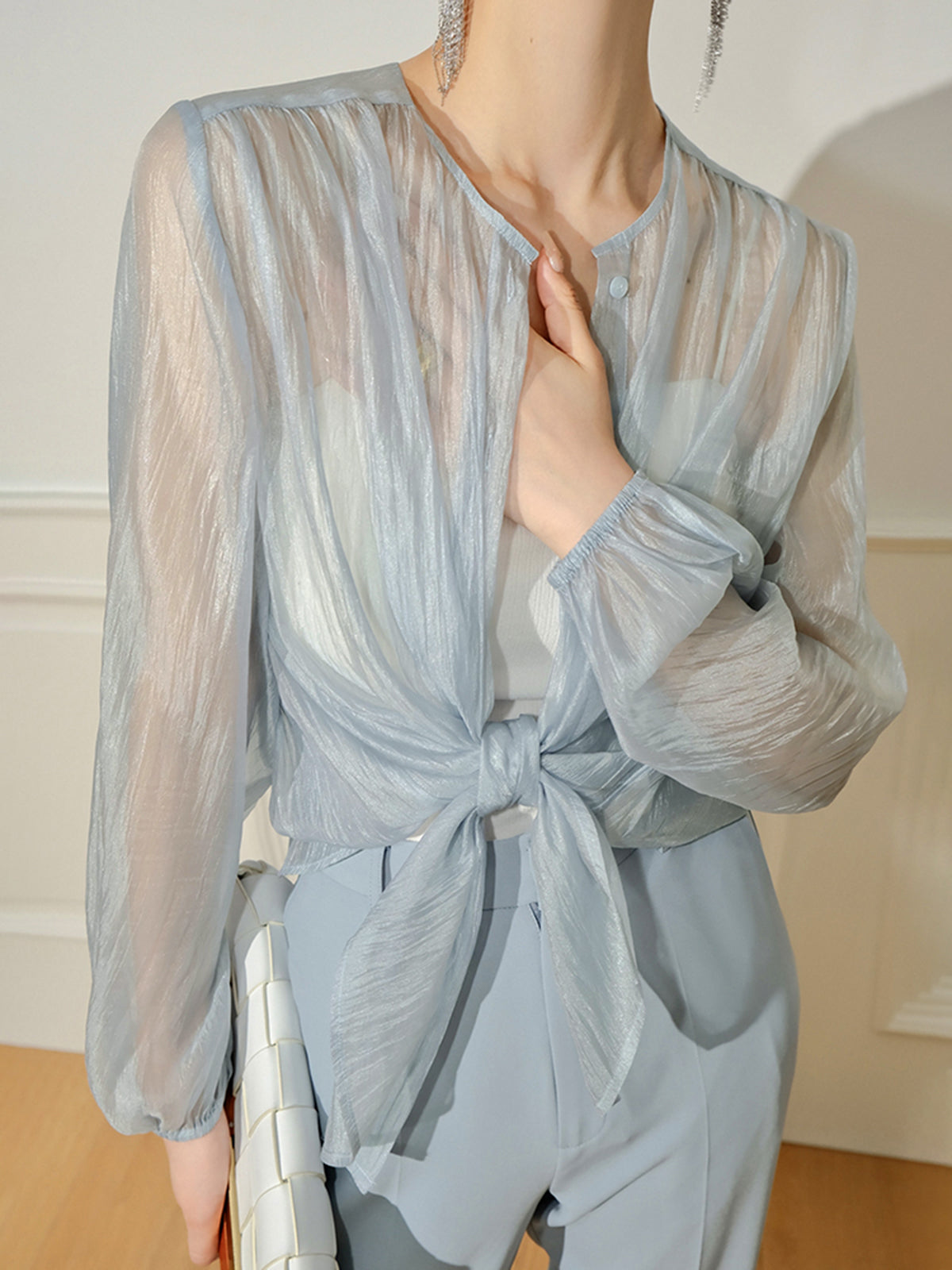 Semi-Sheer Through Long Sleeve Button Blouse-Massicos