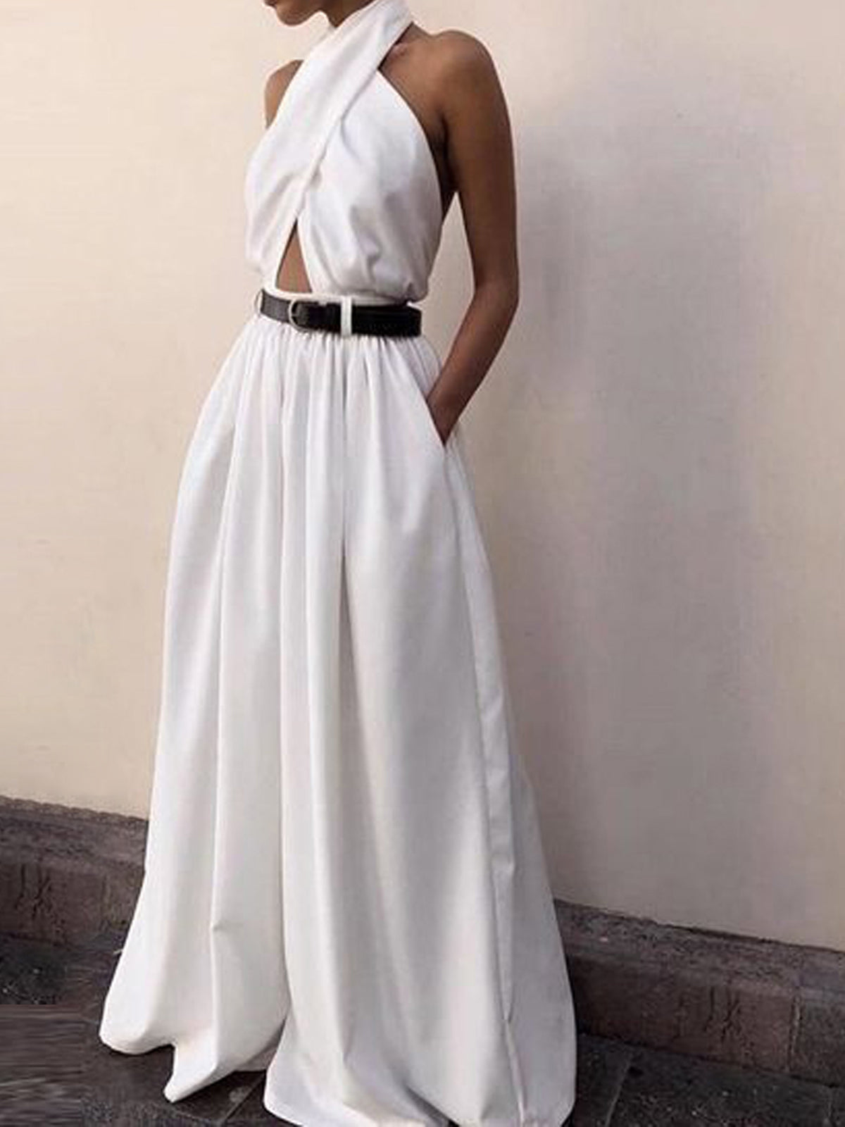 Criss Cross Halter Backless Jumpsuit Without Belt-Massicos