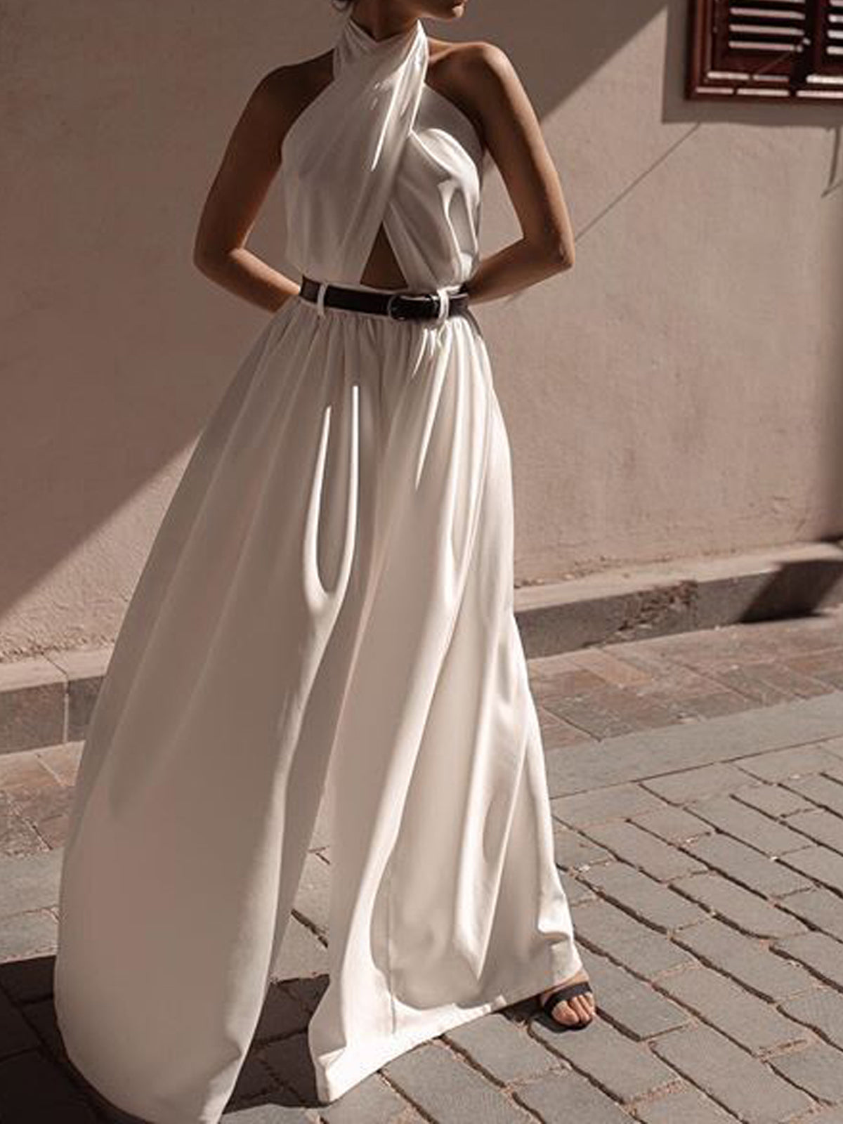 Criss Cross Halter Backless Jumpsuit Without Belt-Massicos