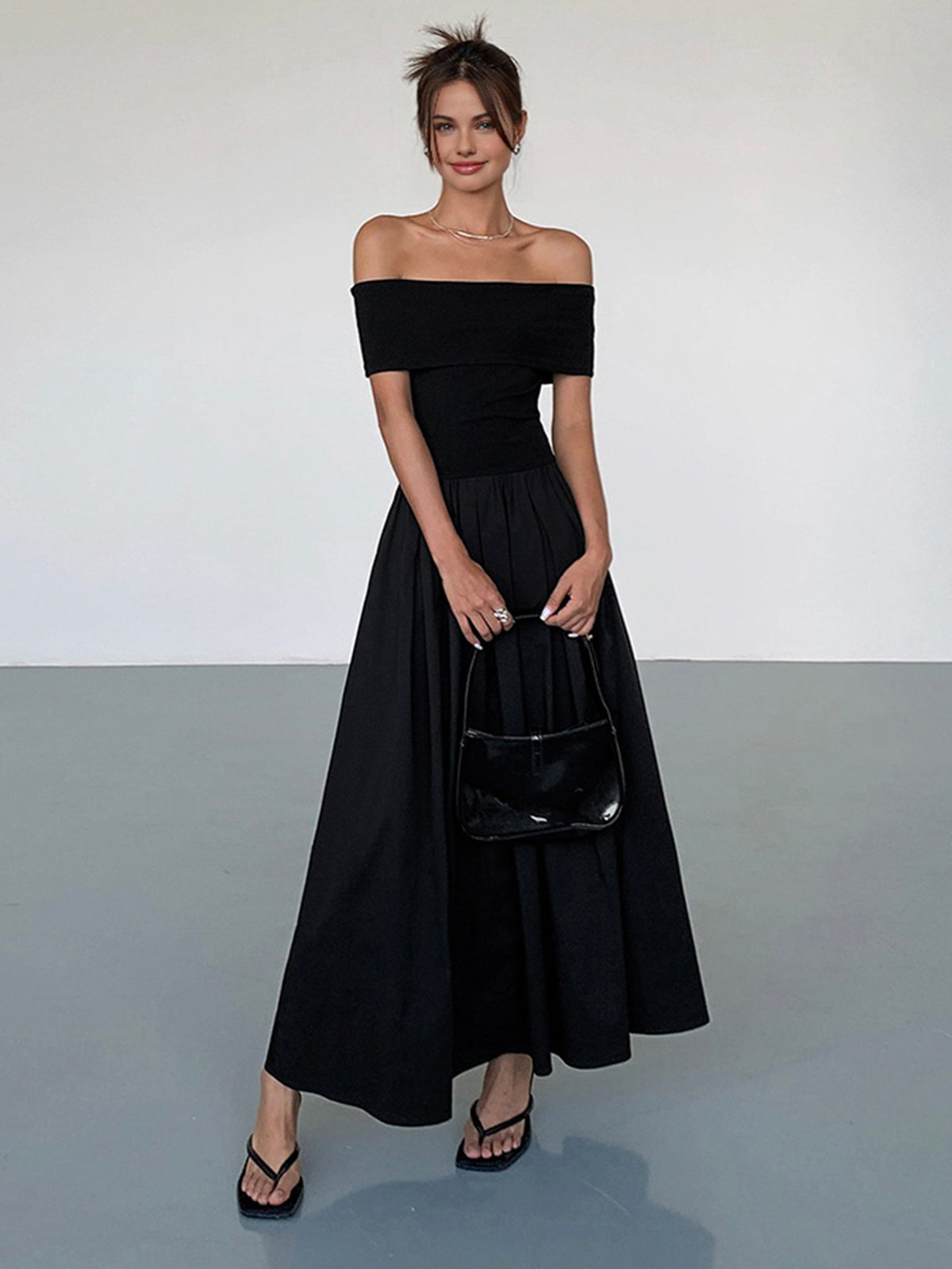 Frenchy Solid Off-Shoulder Long Dress-Massicos