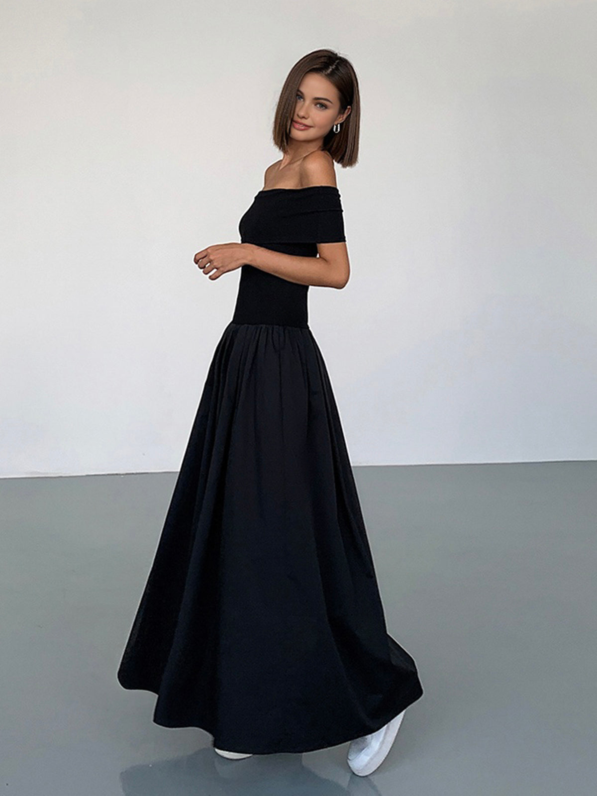 Frenchy Solid Off-Shoulder Long Dress-Massicos