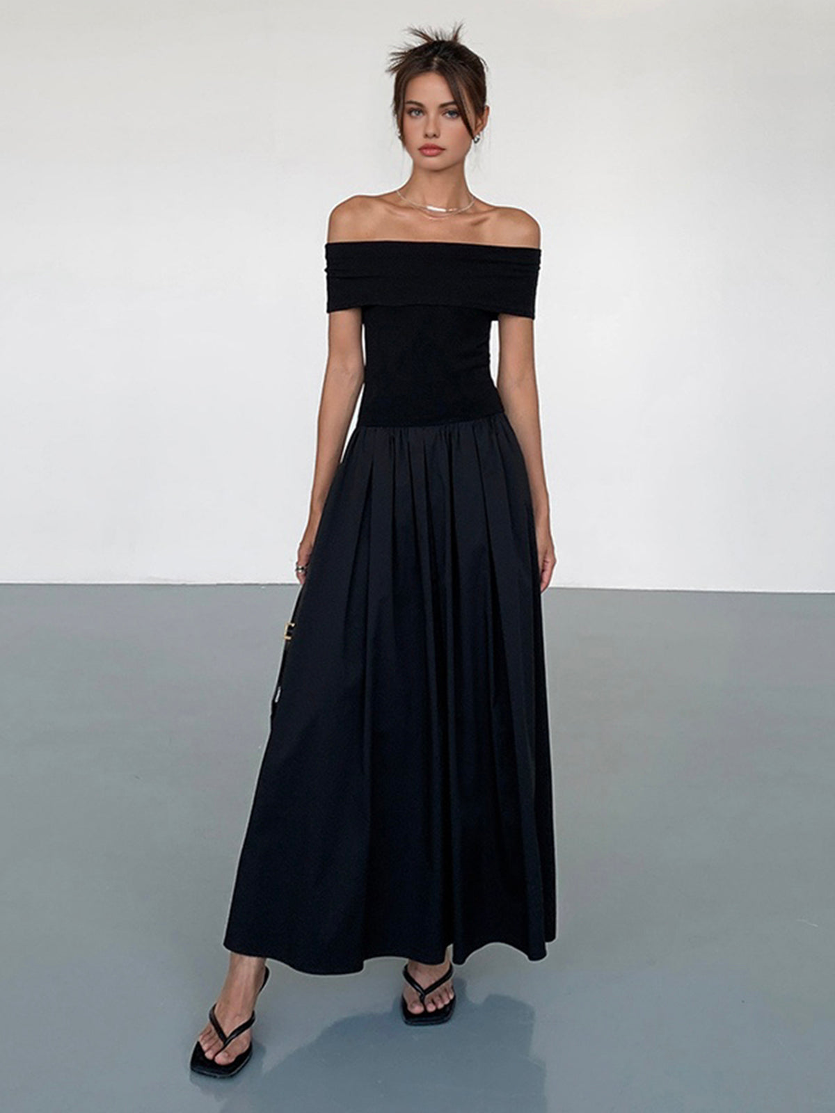Frenchy Solid Off-Shoulder Long Dress-Massicos