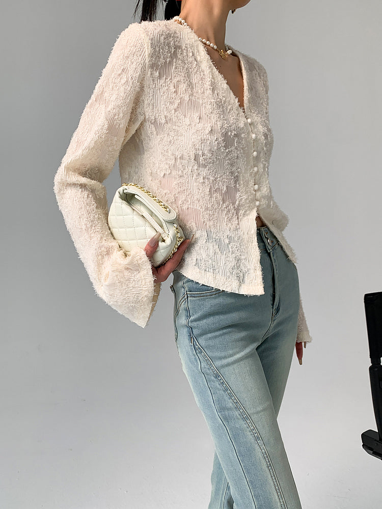Semi-Sheer V-Neck Ruffle Long Sleeve Blouse-Massicos