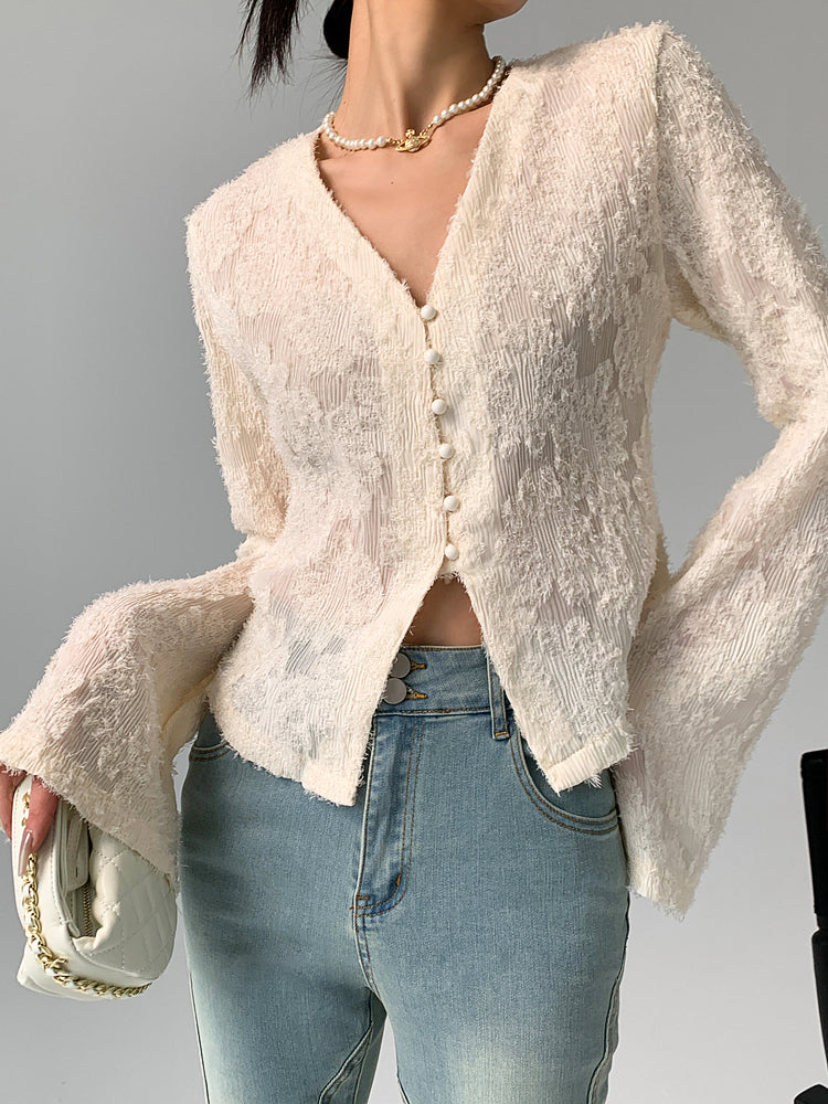 Semi-Sheer V-Neck Ruffle Long Sleeve Blouse-Massicos