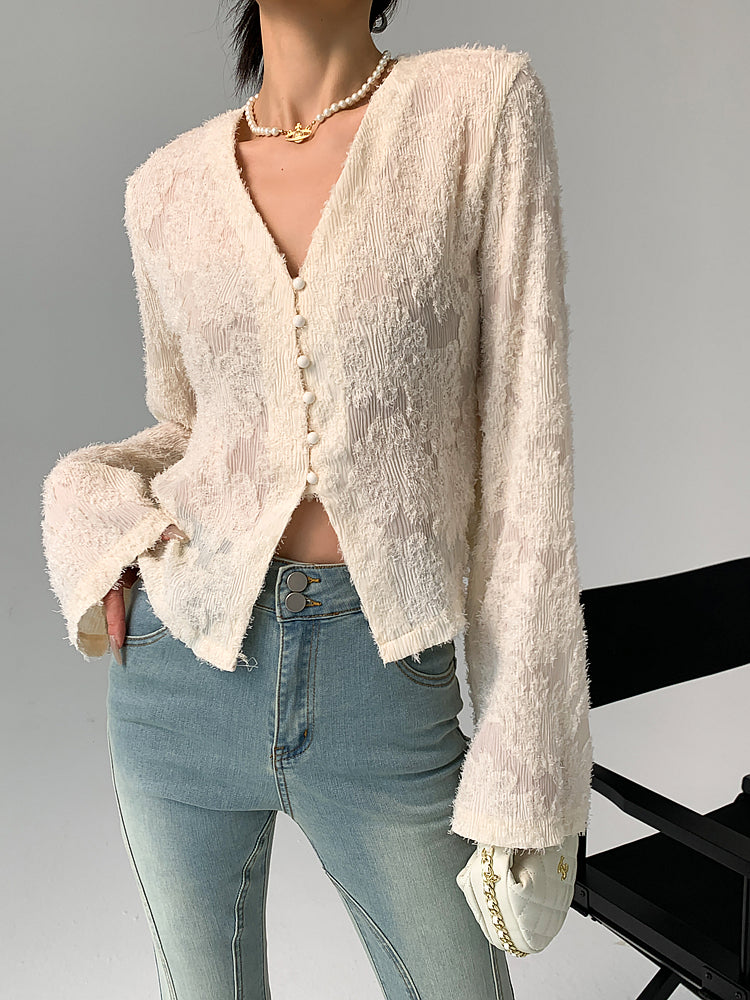 Semi-Sheer V-Neck Ruffle Long Sleeve Blouse-Massicos