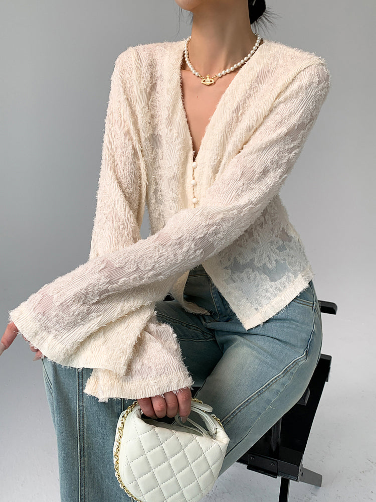 Semi-Sheer V-Neck Ruffle Long Sleeve Blouse-Massicos