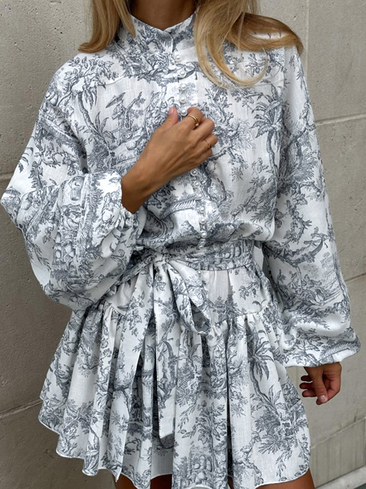 Ink Painting Print Tie Up A-Line Short Dress-Massicos