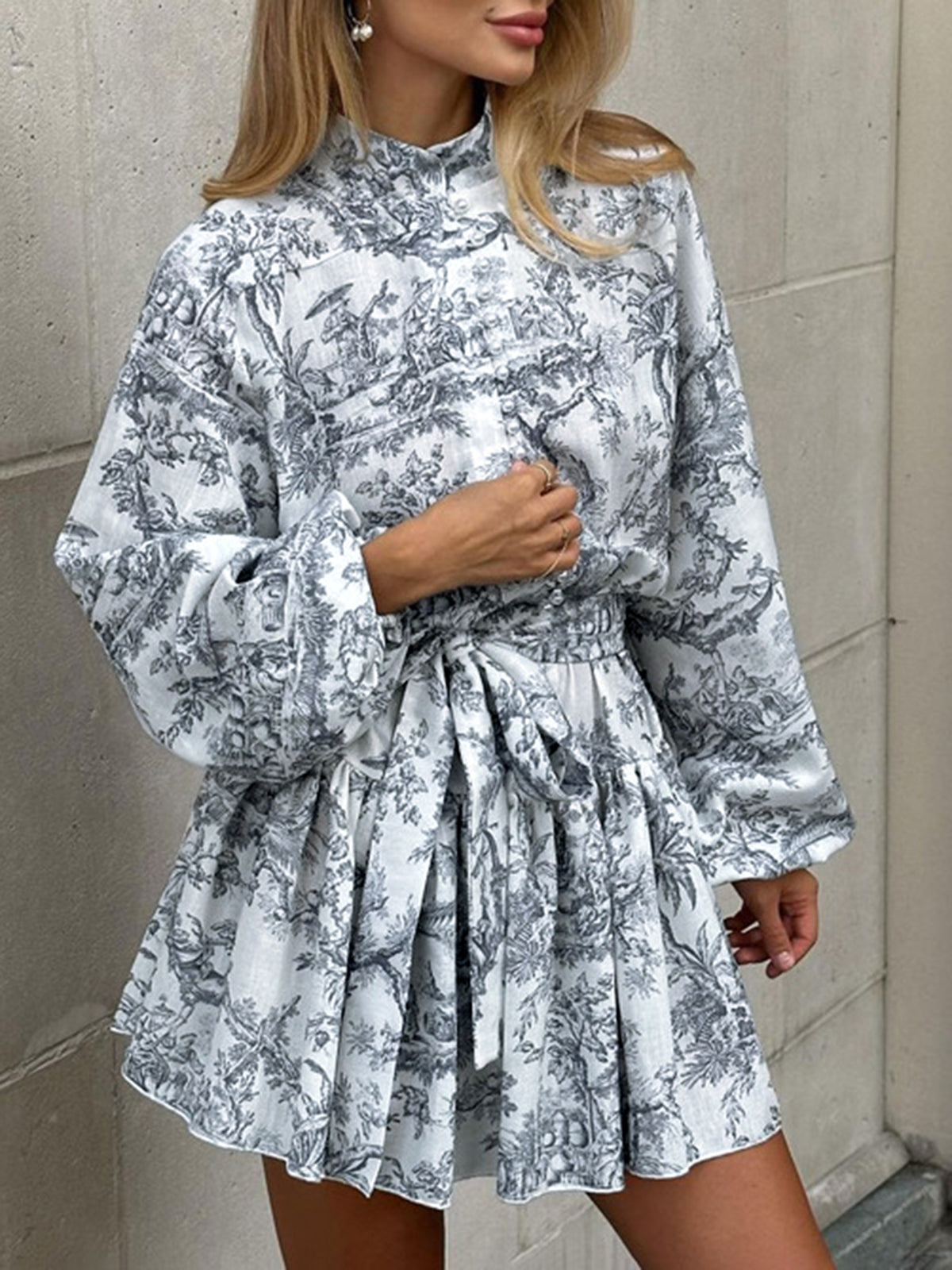 Ink Painting Print Tie Up A-Line Short Dress-Massicos