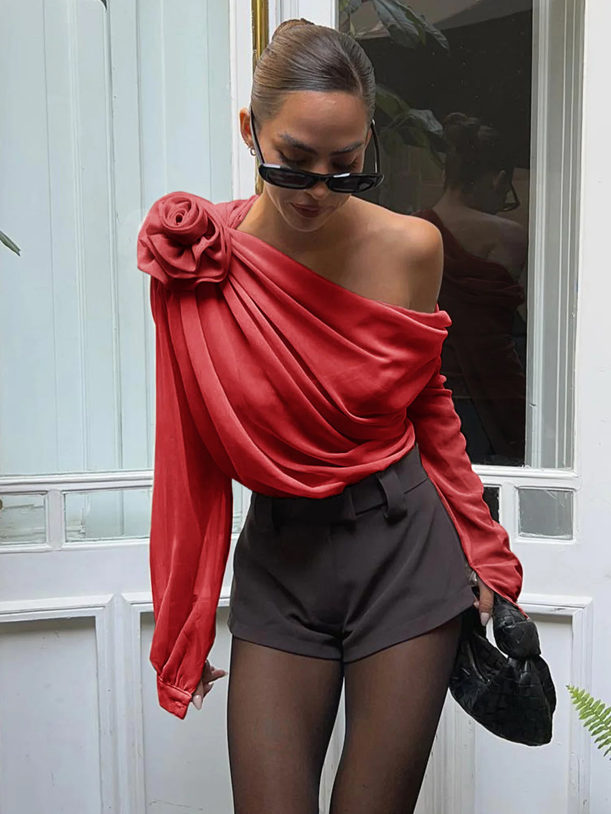 Chiffon Semi-Sheer One Shoulder Asymmetrical Blouse-Massicos