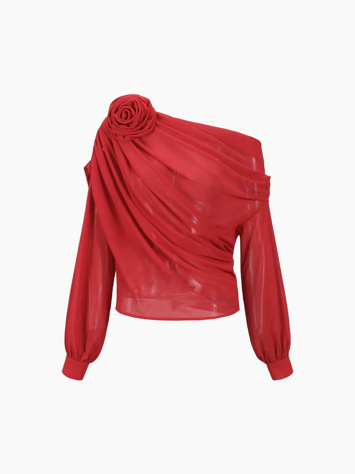 Chiffon Semi-Sheer One Shoulder Asymmetrical Blouse-Massicos