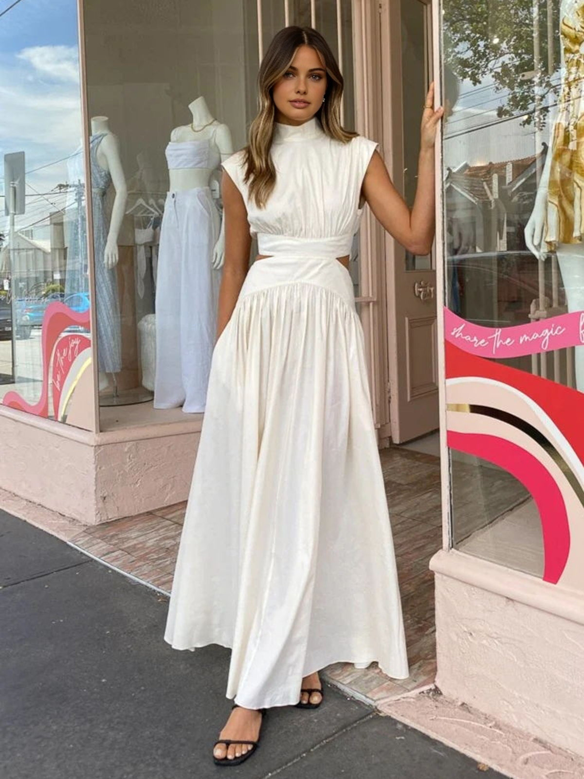 Mock Neck Cut Out Long Dress-Massicos