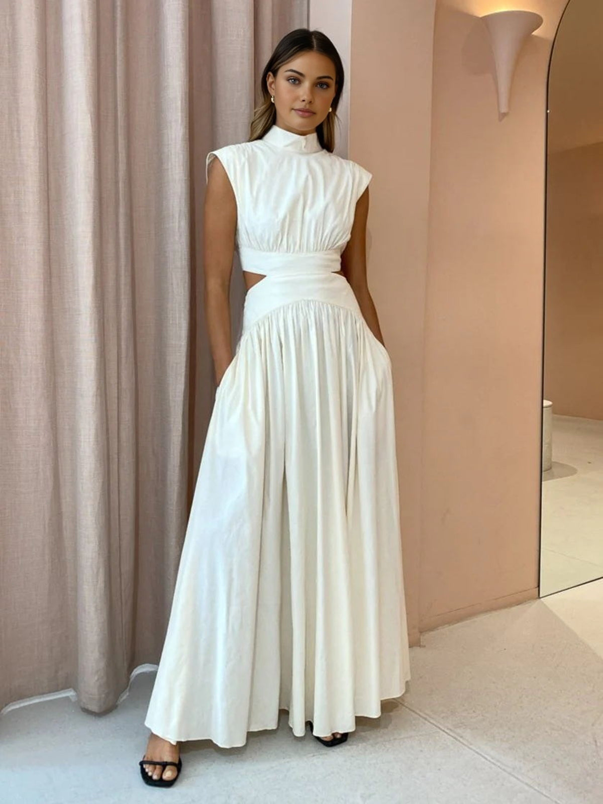 Mock Neck Cut Out Long Dress-Massicos