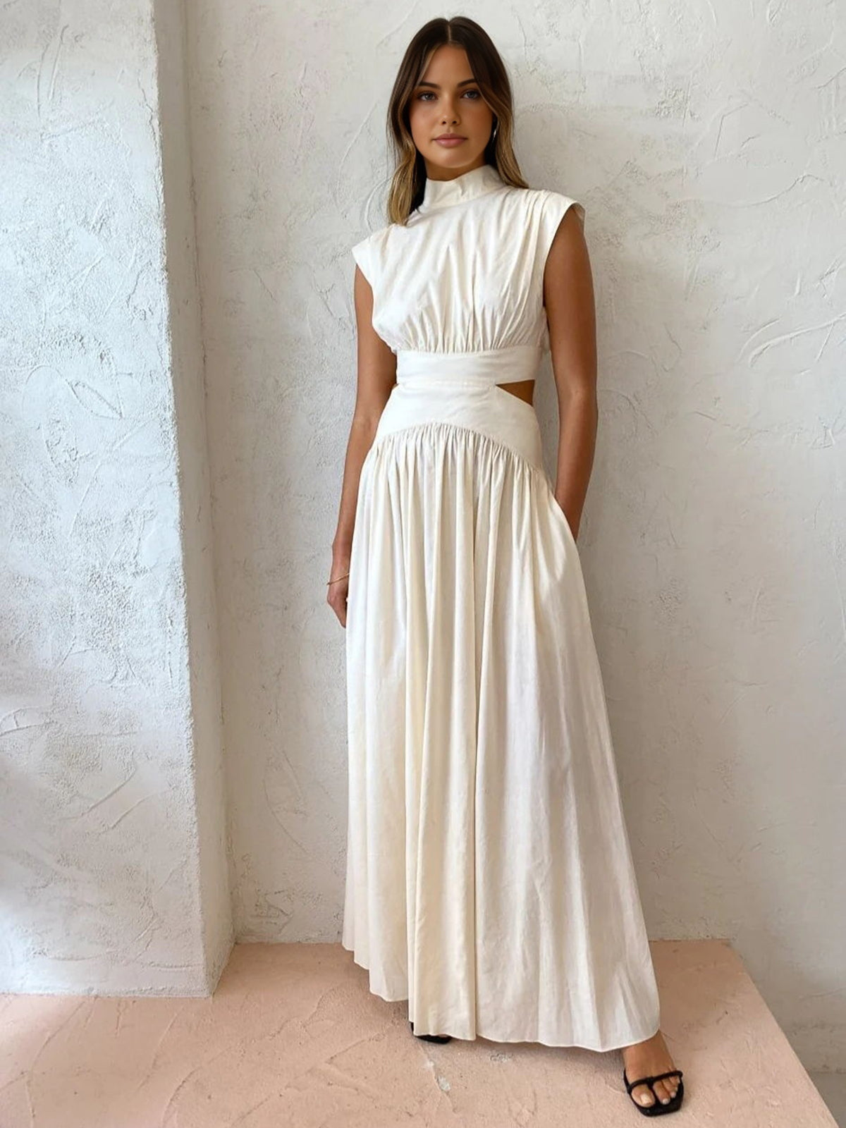 Mock Neck Cut Out Long Dress-Massicos