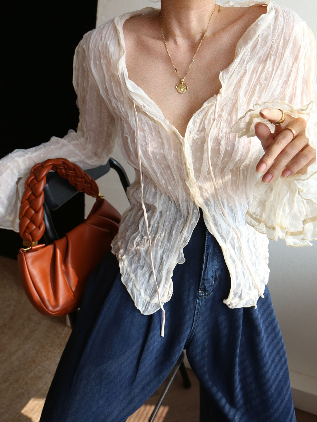 Chiffon Sheer Lettuce Trim Long Sleeve Blouse-Massicos